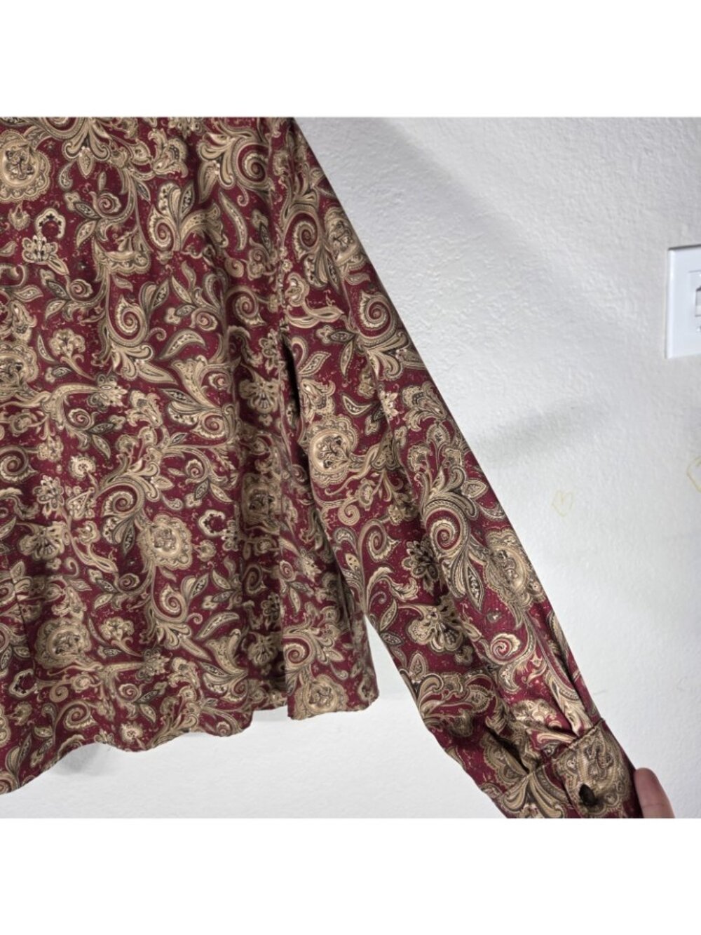 Vintage Talbots 18W Silk Wool Button Down Shirt 90s Pasley Burgundy Tan - Picture 12 of 16